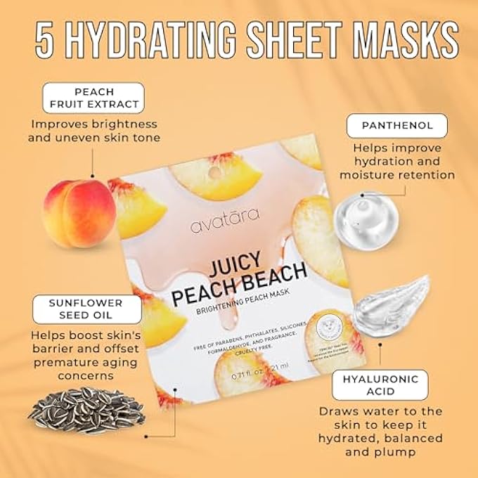 Avatara - JUICY PEACH BRIGHTENING FACIAL MASK, HYDRATING MASK, SHEET MASKS WITH PEACH EXTRACT AND HYALURONIC ACID, FACE MASK SKINCARE MADE WITH NATURAL TENCEL FIBER, PARABEN-FREE, 5 SHEETS - Image 4